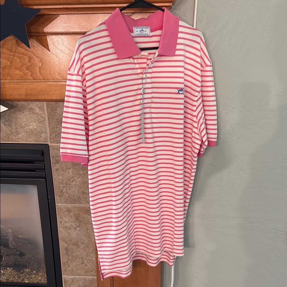 Southern Tide Pink and White Striped Polo Shirt